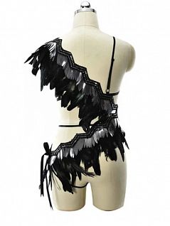 Женская сбруя (портупея) украшенная перьями из нейлона черного цвета Romeo Rossi RT9187